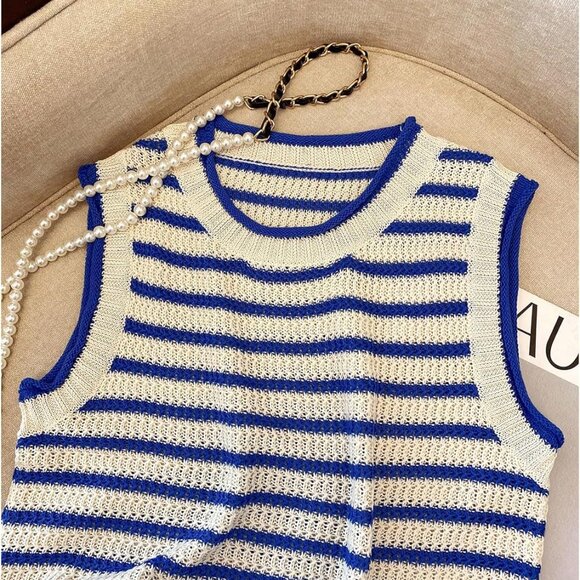 Women's Striped Sleeveless Sweater Vest Knit Pullover Tank Top Large - Picture 3 of 5